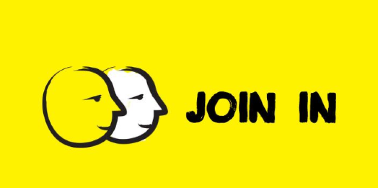 A yellow banner featuring an illustration of two cartoon faces outlined in a thick, black paintbrush design. Text: Join in.