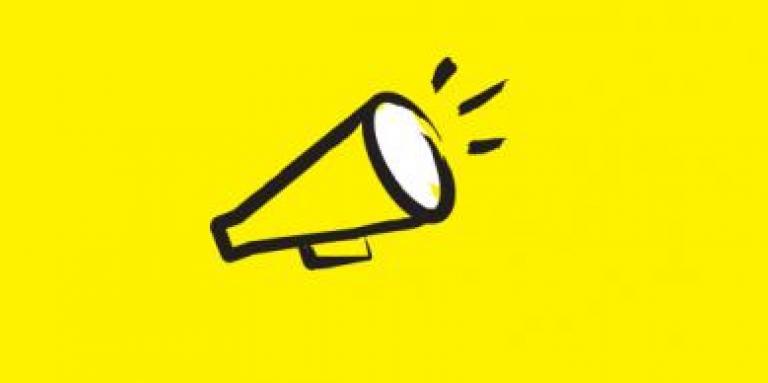 An illustration of a megaphone outlined in a black paintbrush style design with yellow accents.